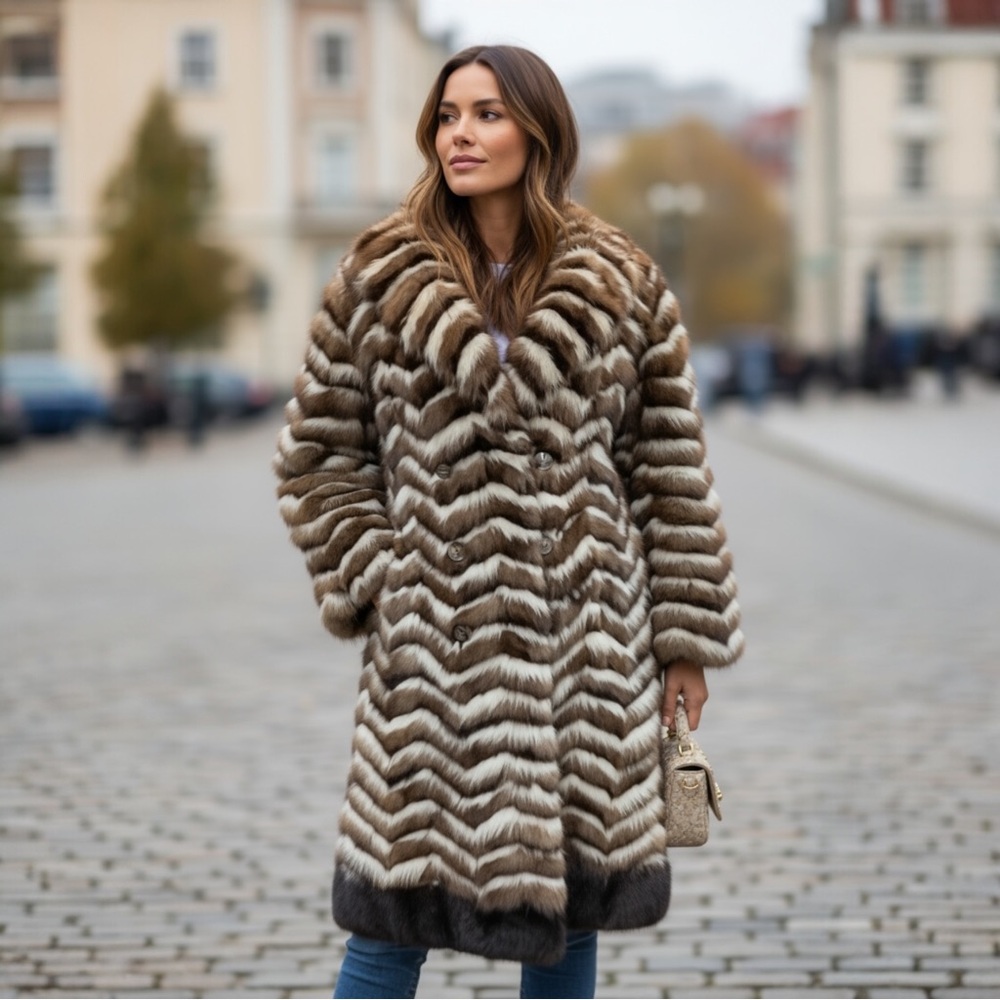 Genuine Mink & Fox Chevron Patterned Coat